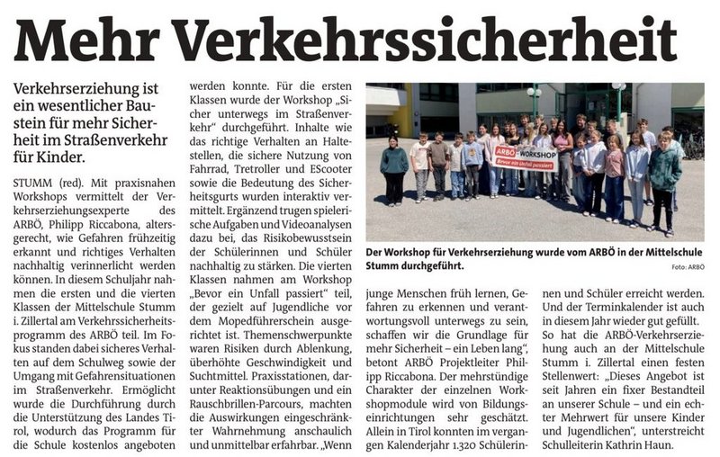 Pressebericht Bezirksblätter ARBÖ-Verkehrserziehung mit Philipp Riccabona