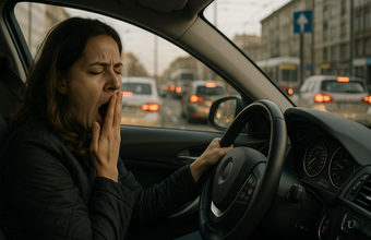 Frau gähnt im Auto während sie in diichtem Verkehr fährt