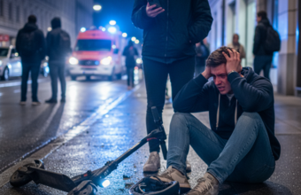 Man sitzt nach einem E-Scooter Unfall verzweifelt am Straßenrand