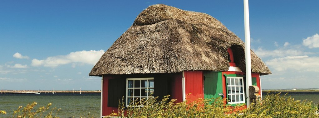 View of a beach house on the island of Ærø, Denmark.