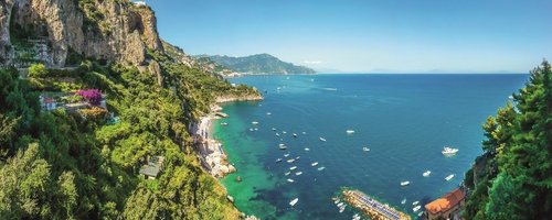 Scenic picture-postcard view of famous Amalfi Coast with beautiful Gulf of Salerno, Campania, Italy