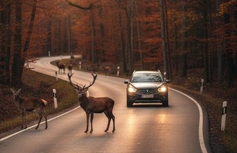 Hirsche auf einer Herbstfahrbahn im Wald