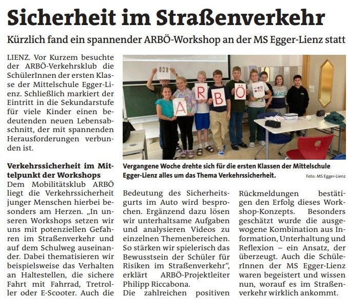 Pressebericht Bezirksblätter ARBÖ-Verkehrserziehung mit Philipp Riccabona