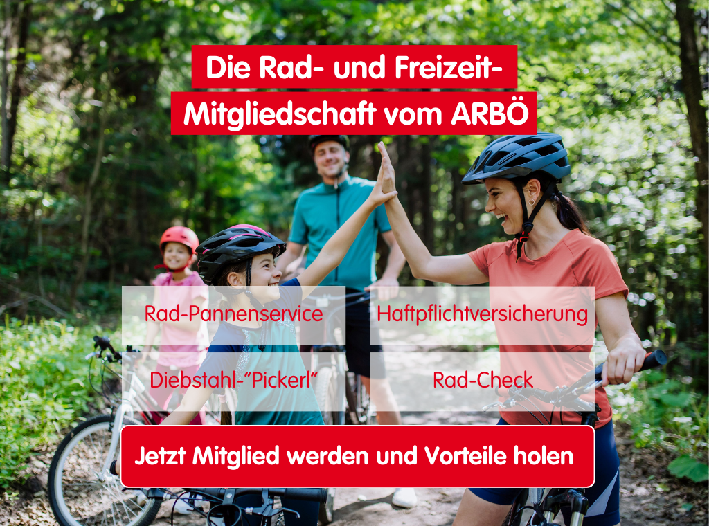 Die Rad- und Freizeit-Mitgliedschaft vom ARBÖ mit gratis Rad-Pannenservice, gratis Haftpflichtversicherung, gratis Diebstahlpickerl und gratis Rad-Check.