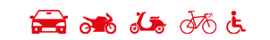 Icons von Auto, Motorrad, Moped, Fahrrad und Rollstuhlfahrer