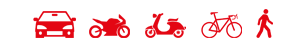 Icons von Auto, Motorrad, Moped, Fahrrad und Fußgänger.
