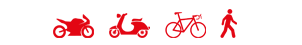 Icons von Motorrad, Moped, Fahrrad und Fußgänger.