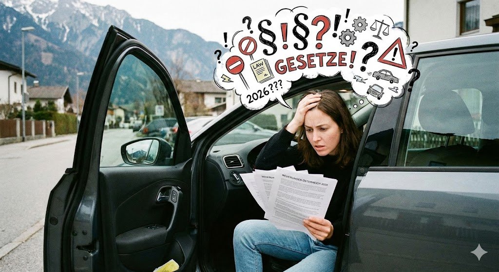 Autofahrerin im Auto, die mit Fragen rund um das Thema Autofahren konfrontiert ist. 