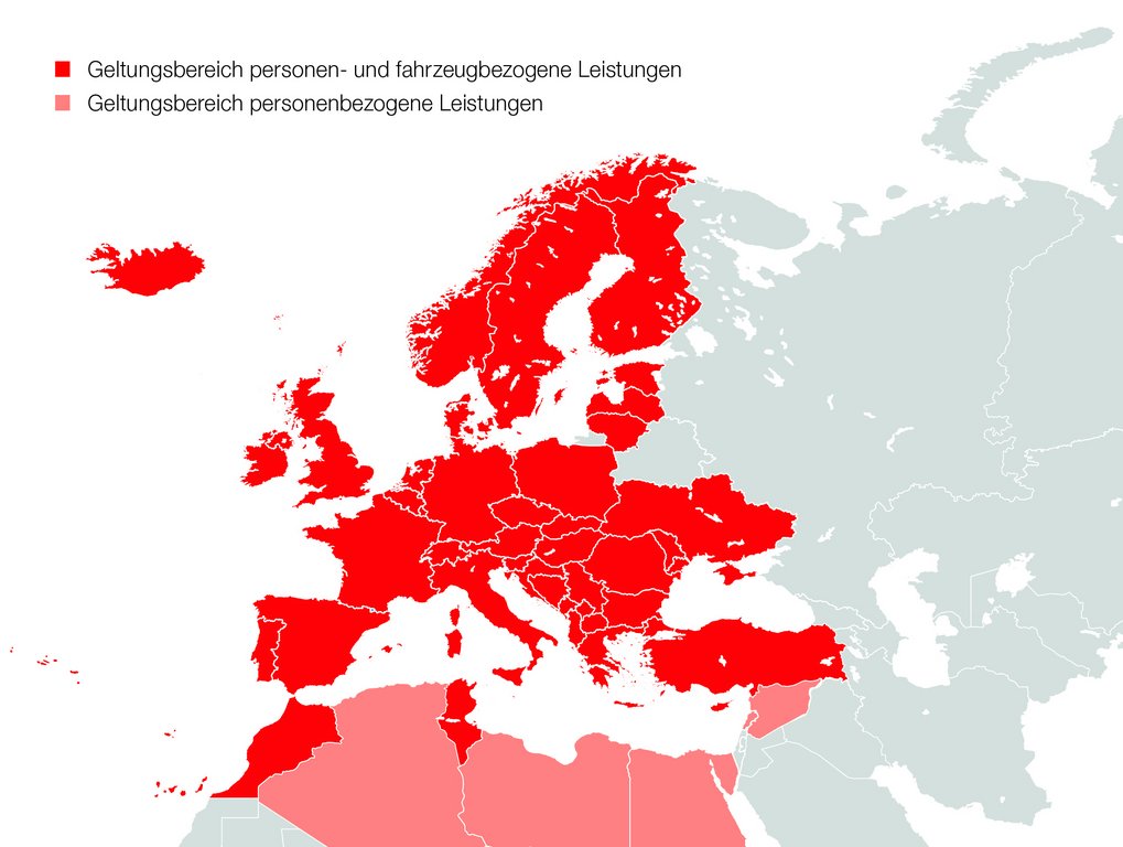 Karte, die anzeigt, in welchen Ländern fahrzeug- und personenbezogene Leistungen des ARBÖ-Sicherheits-Pass gelten inkl. Legende.