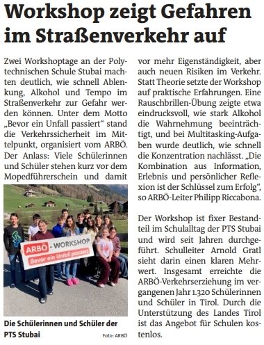 Pressebericht Bezirksblätter ARBÖ-Verkehrserziehung mit Philipp Riccabona